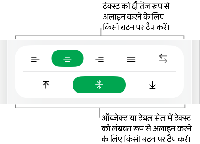 टेक्स्ट के लिए क्षैतिज और लंबवत अलाइनमेंट बटन।