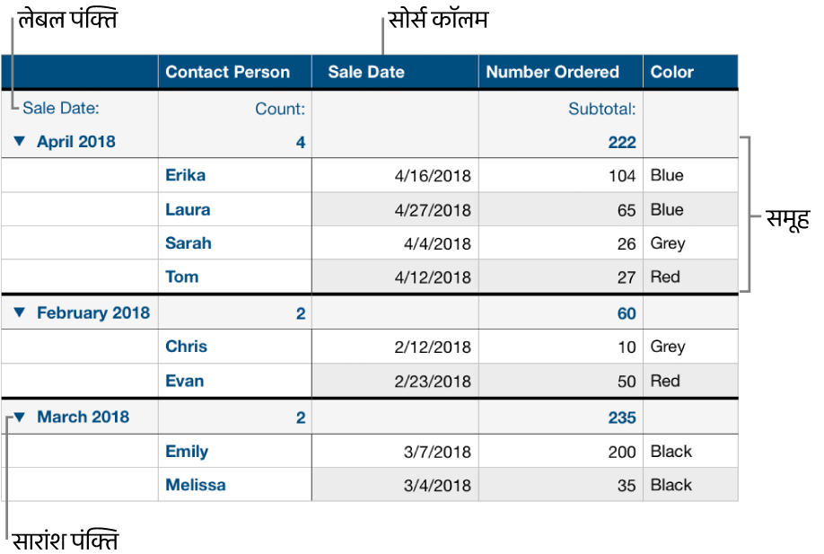 एक वर्गीकृत टेबल सोर्स कॉलम, समूह, सार पंक्ति और लेबल पंक्ति दिखाती है।
