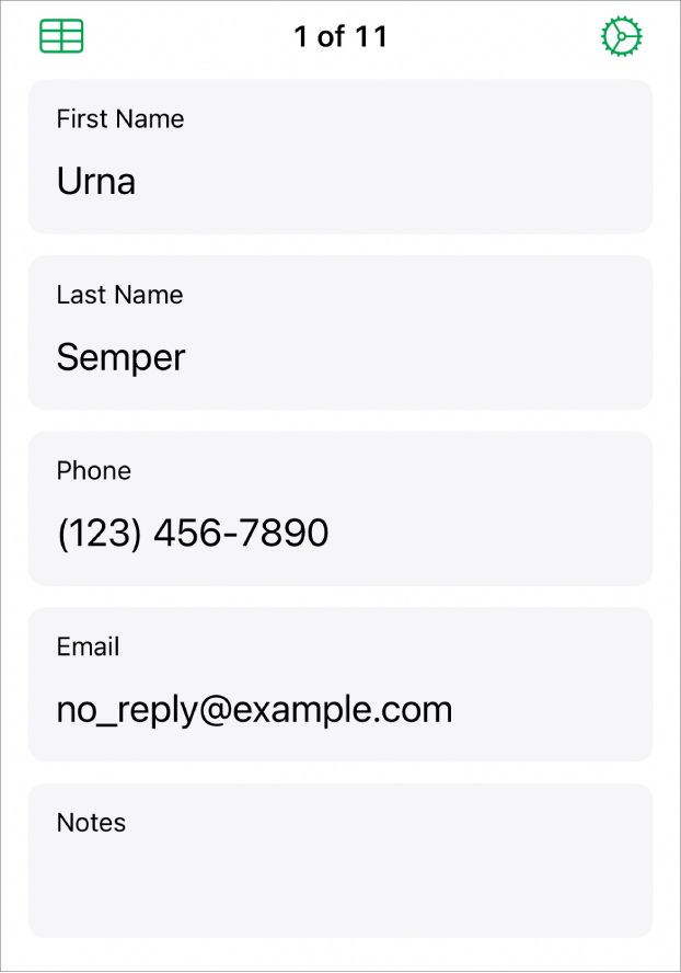 फ़ॉर्म में एक रिकॉर्ड जिसमें नाम, फ़ोन नंबर, ईमेल इत्यादि के लिए फ़ील्ड हैं। इसके अतिरिक्त, लिंक किए गए टेबल को देखने के लिए नियंत्रण और फ़ॉर्म सेटअप नियंत्रण।