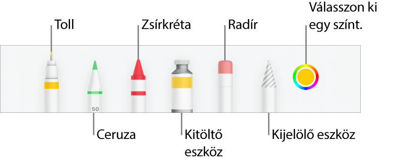 A rajz eszközsor az iPhone Numbers appjában tollal, ceruzával, zsírkrétával, kitöltőeszközzel, radírral, kijelölés eszközzel és az aktuális színt megjelenítő színrekesszel.