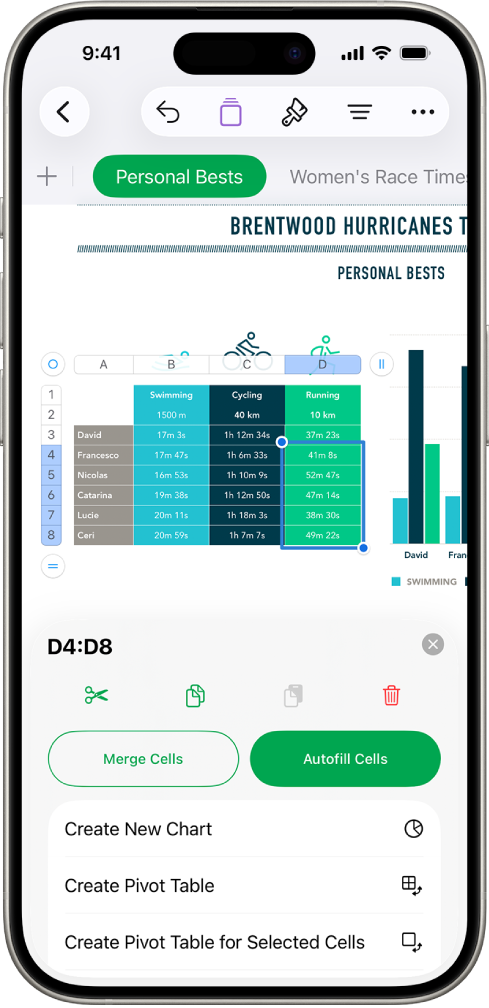 Spreadsheet menampilkan tabel dari jejak pendakian dan jarak setiap jejak. Menu Tindakan Sel dibuka, menampilkan pilihan untuk menambahkan tanggal hari ini, waktu saat ini, dan mengedit formula di sel yang dipilih.