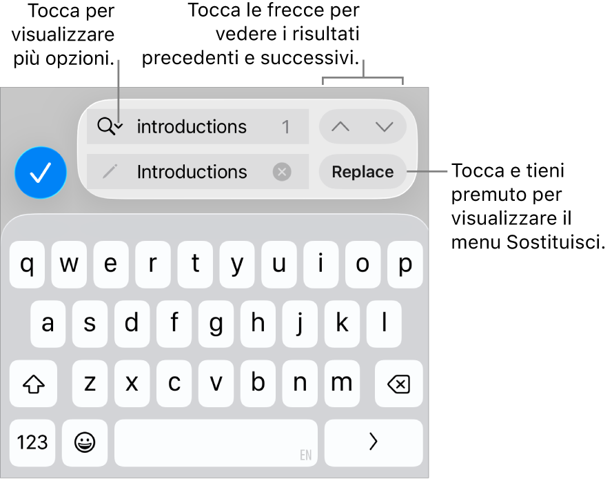 I controlli di “Trova e sostituisci” sopra alla tastiera con le didascalie delle opzioni di Ricerca, Sostituisci e i pulsanti “Freccia su” e “Freccia giù”.