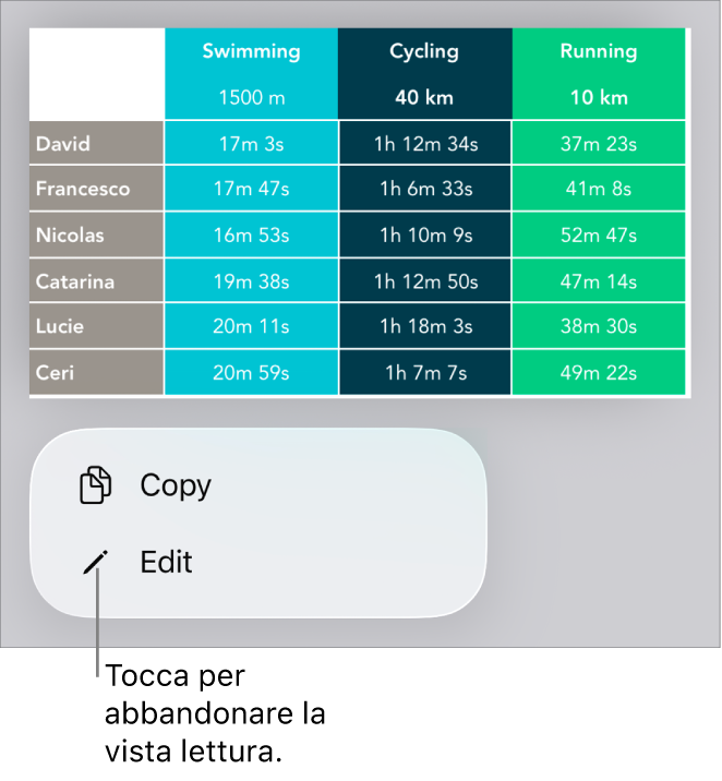 Viene selezionata una tabella e al di sotto di essa si trova un menu contestuale con i pulsanti Copia e Modifica.