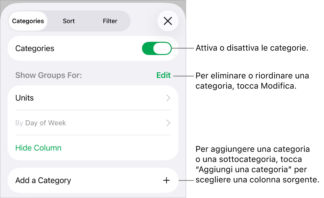 Il menu delle categorie in iPhone con opzioni per disattivare le categorie, eliminare le categorie, raggruppare i dati, nascondere una colonna sorgente e aggiungere le categorie.