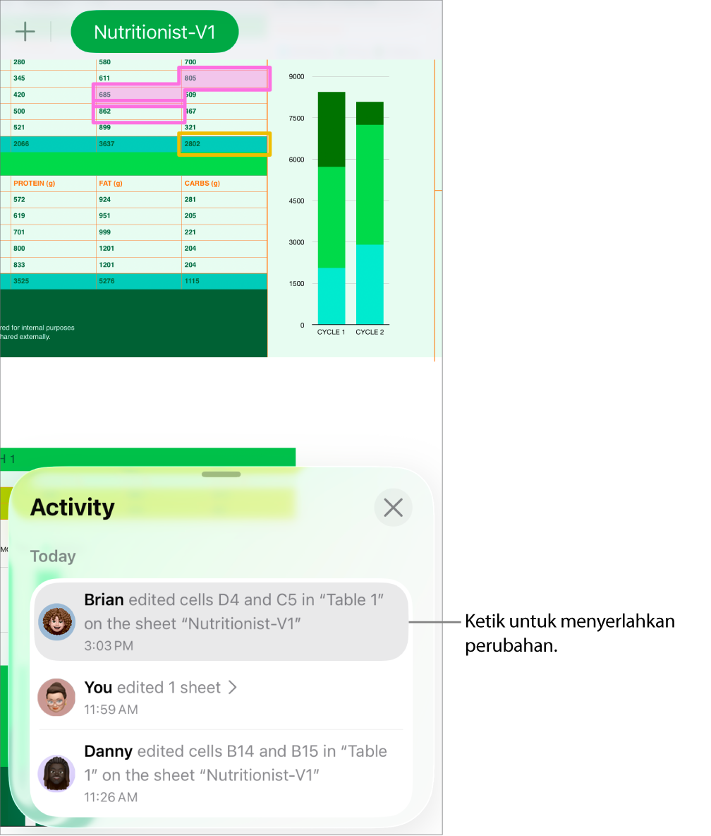 Hamparan bekerjasama dengan menu kerjasama dan senarai aktiviti dibuka.