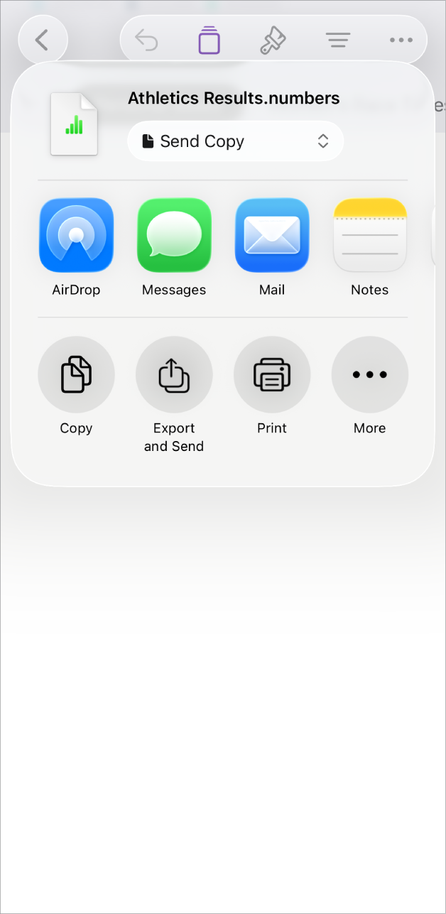 Het Numbers-venster met het Deel-menu met opties voor het versturen van een kopie van de spreadsheet, het exporteren en versturen in een andere structuur of het afdrukken of bewaren van de spreadsheet in de Bestanden-app.