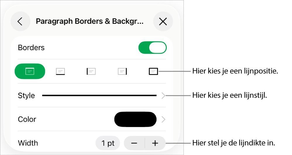 Regelaars voor het wijzigen van de stijl, dikte, positie en kleur van de lijn.