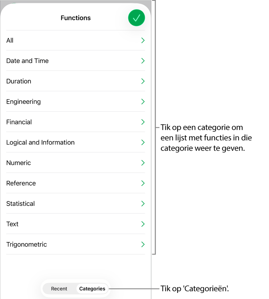 De functiekiezer met de knop 'Categorieën' geselecteerd en de lijst met categorieën eronder.