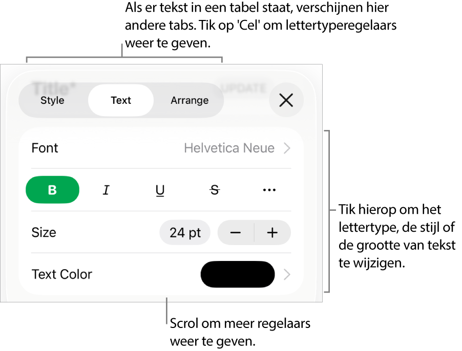 Tekstregelaars in het opmaakmenu voor het instellen van alinea- en tekenstijl, lettertype, lettergrootte en kleur.