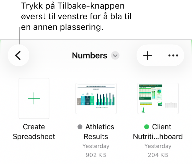 Navigeringsvisningen i dokumenthåndtereren med en plasseringslenke øverst til venstre, og nedenfor den er det et søkefelt. Øverst til høyre er Legg til regneark-knappen og Mer-knappen. Nederst på skjermen er det en Sist brukte-knapp og en Naviger-knapp.