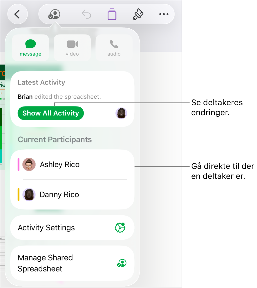 Samarbeidsmenyen, som viser gjeldende deltakere.