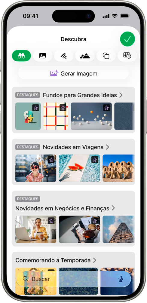 A categoria Descobrir da Central de Conteúdo exibe opções para gerar uma imagem ou adicionar imagens premium a uma planilha.