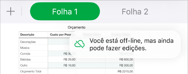 Os botões na parte superior da tela com o botão Colaboração transformado em uma nuvem com uma linha diagonal sobre ela. Alerta na tela informando que “Você está off-line, mas ainda pode fazer edições.”