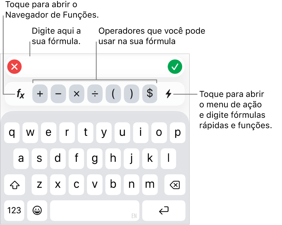 O teclado de fórmulas com o Editor de Fórmula acima e os operadores utilizados nas fórmulas, abaixo. O botão Funções, para abrir o Navegador de Funções, está à esquerda dos operadores e o botão Ação do menu está à direita.