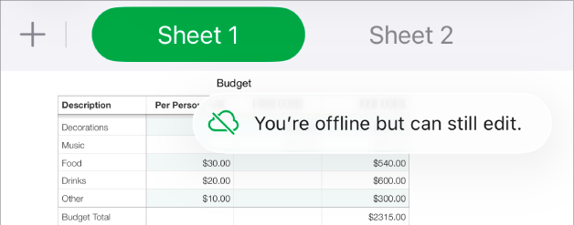 Butoanele din partea de sus a ecranului, cu butonul Colaborare transformat într-un nor traversat de o linie diagonală. Pe ecran apare o alertă „Sunteți offline, dar puteți edita în continuare”.
