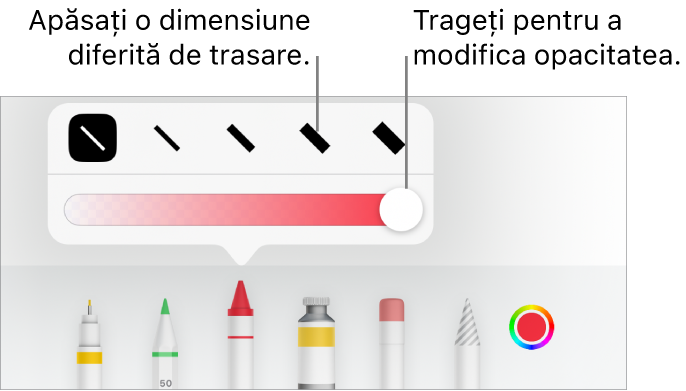 Comenzile pentru alegerea unei dimensiuni de trasare și un glisor pentru ajustarea opacității.