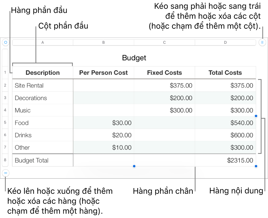 Bảng hiển thị các hàng và cột phần đầu, phần thân và phần chân cũng như các bộ điều khiển để thêm hoặc xóa các hàng hoặc cột.