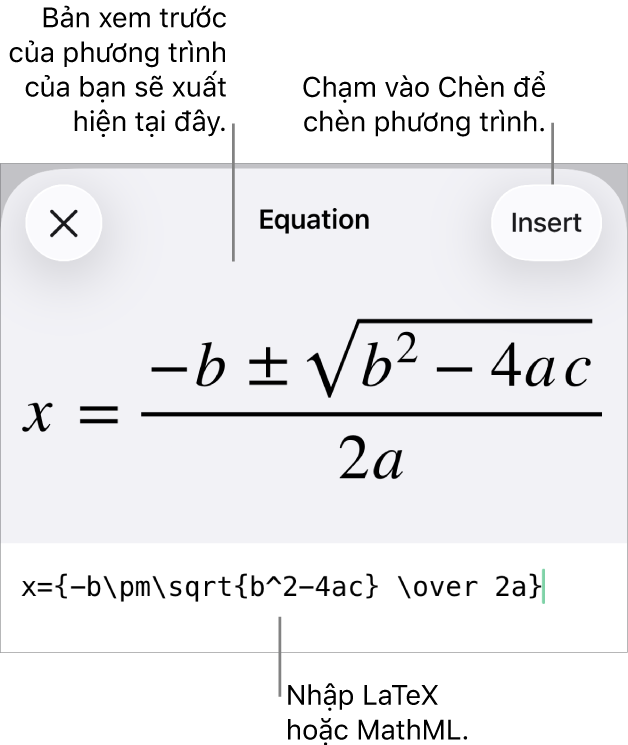 Hộp thoại Phương trình, đang hiển thị phương trình được viết bằng các lệnh MathML và bản xem trước của công thức ở bên trên.