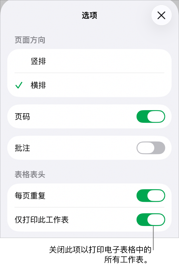 打印选项,用于选取页面方向、显示页码和页眉以及选取纸张大小和要打印的页面。
