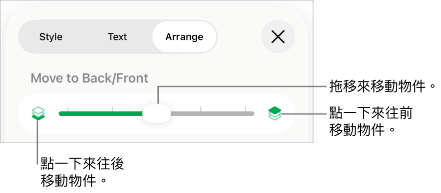 「後移」按鈕、「前移」按鈕及分層滑桿。