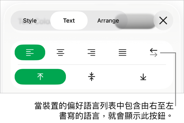 「格式」選單的「樣式」部份,説明文字指向「由右至左」按鈕。