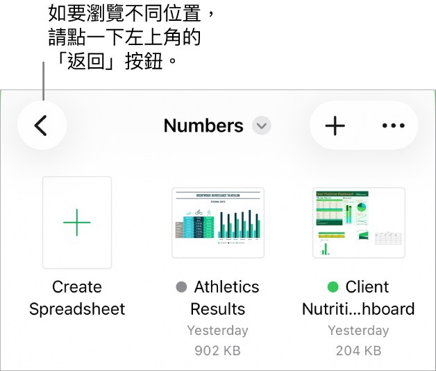 文件管理器的瀏覽顯示方式,左上角有一個位置連結,下面是「搜尋」欄位。右上角為「加入試算表」按鈕和「更多」按鈕。位於螢幕底部是「最近項目」按鈕和「瀏覽」按鈕。