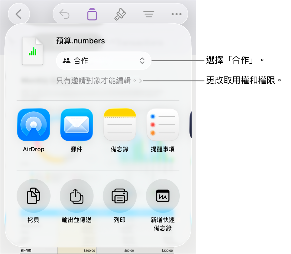「分享」選單的最上方已選取「合作」,其下方為取用和權限設定。