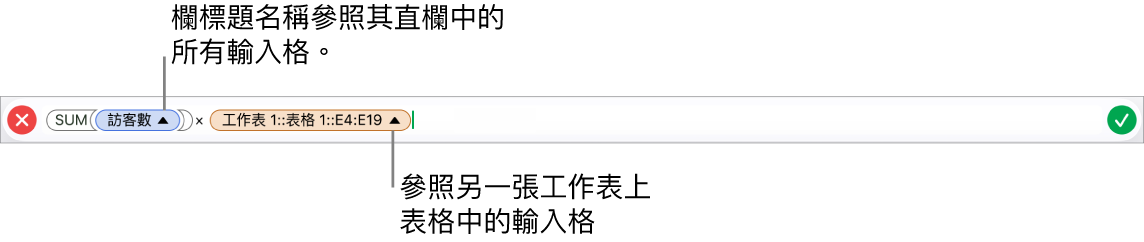 顯示公式的「公式編輯器」,其參照一個表格中的直欄與另一個表格中的輸入格。