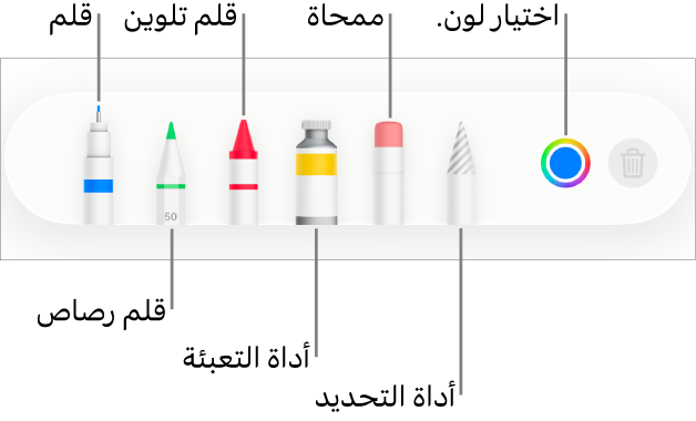 شريط أدوات الرسم في Pages على iPhone وبه قلم وقلم رصاص وقلم تلوين وأداة تعبئة وممحاة وأداة تحديد وعلبة ألوان تعرض اللون الحالي.