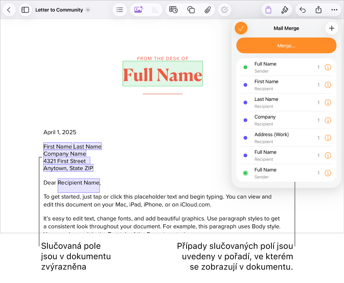 Dokument Pages s poli hromadné korespondence pro příjemce a odesílatele; na bočním panelu Dokument je vidět seznam instancí polí hromadné korespondence
