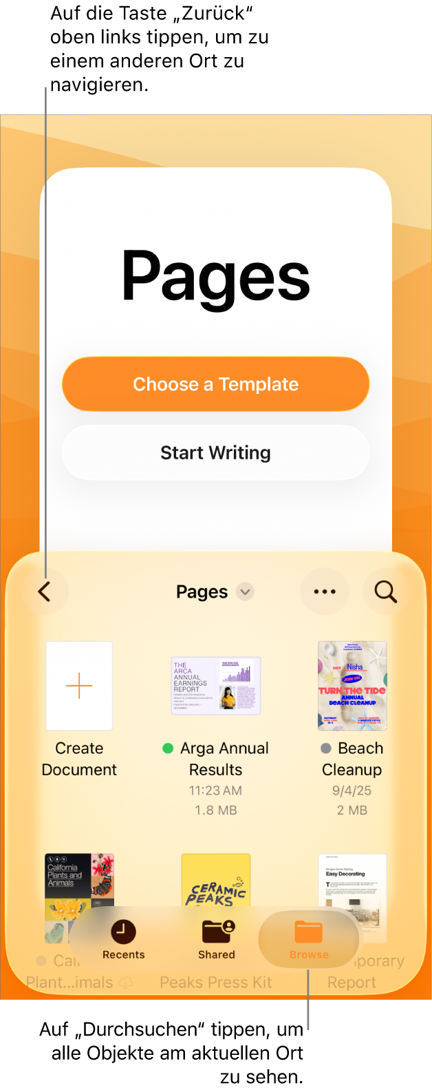 Die Darstellung zum Durchsuchen des Dokumentenmanagers mit der Taste „Zurück“ oben links und dem Suchfeld darunter. Unter dem Suchfeld befindet sich eine Taste „Dokument erstellen“ neben Miniaturen von vorhandenen Dokumenten. Oben rechts in der Ecke befinden sich die Tasten „Dokument hinzufügen“ und „Mehr“. Ganz unten auf dem Bildschirm sind die Tasten „Zuletzt benutzt“, „Geteilt“ und „Durchsuchen“.