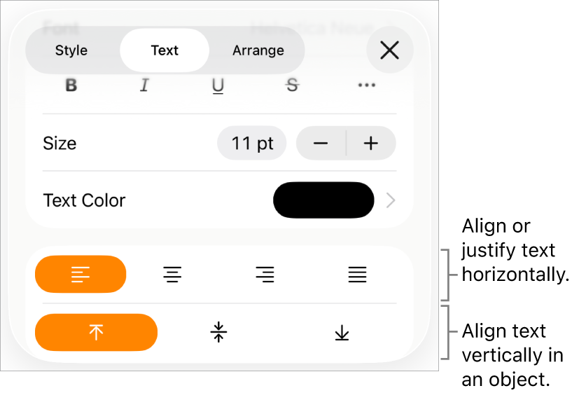 The Layout pane with a call out to the text alignment and spacing buttons.
