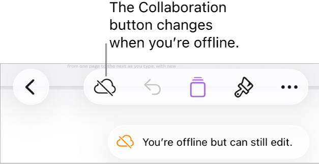 The buttons at the top of the screen, with the Collaboration button changed to a cloud with a diagonal line through it. An alert on the screen says “You’re offline but can still edit”.