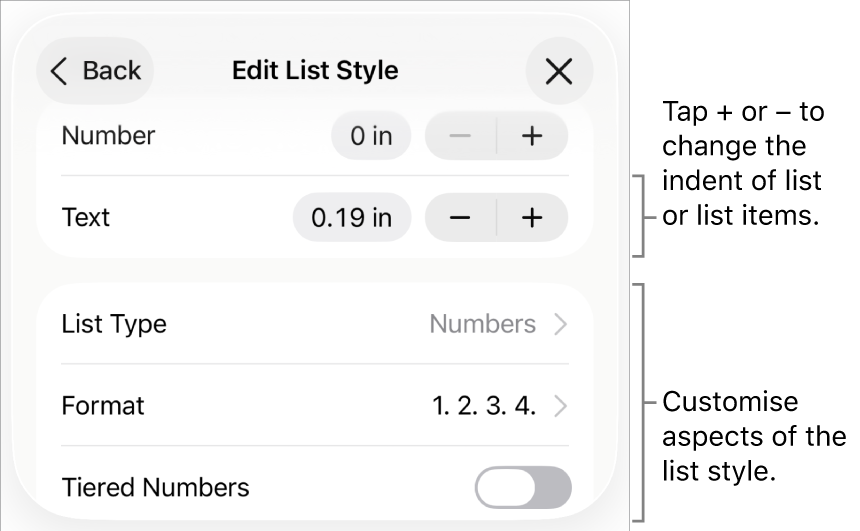 Edit List Style menu with controls for indent spacing, list type and format, tiered numbers and line spacing.