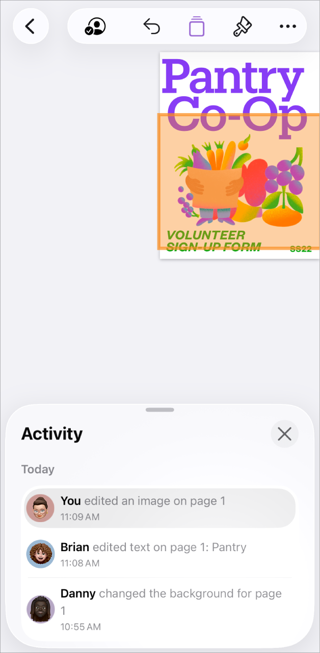 The collaboration menu with current participants listed.
