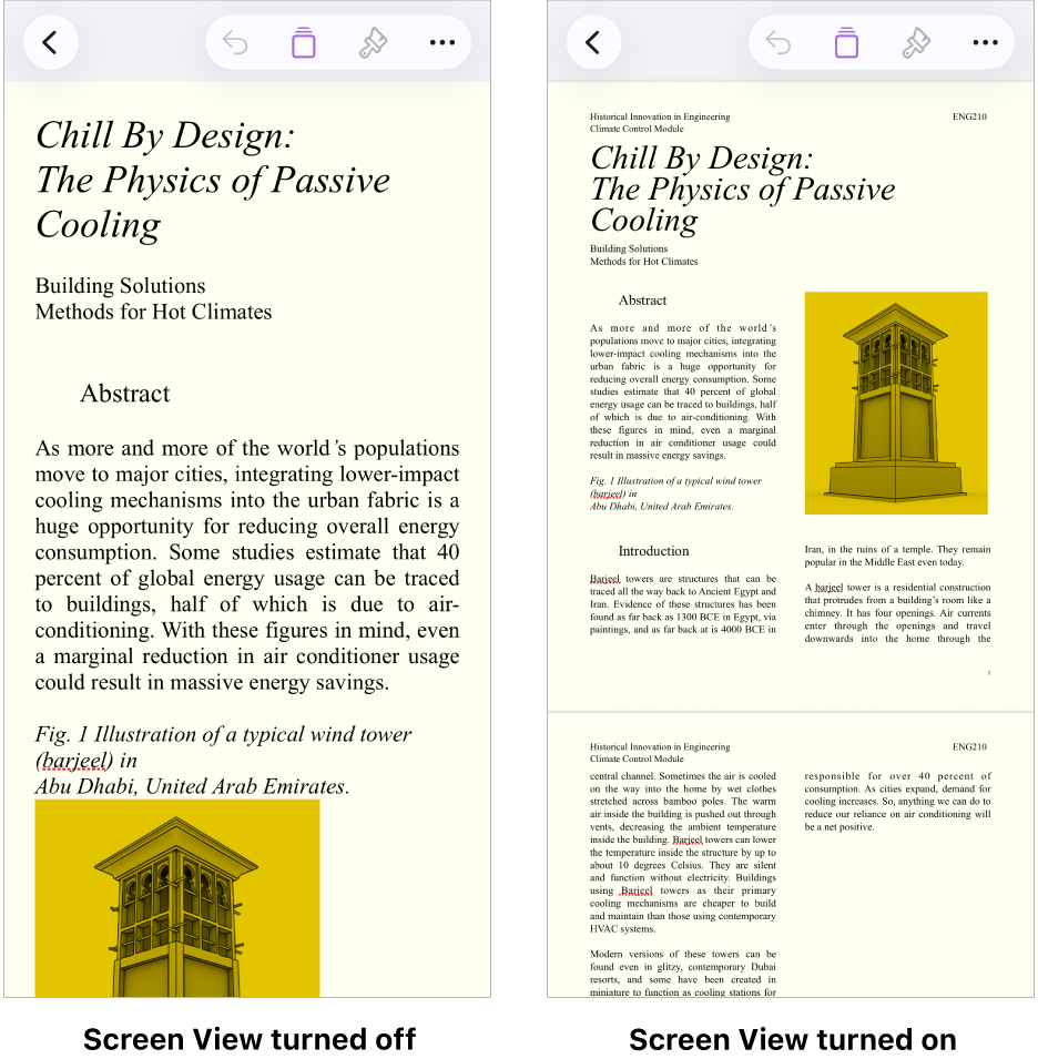Two views of the same Pages document, one with Screen View turned on and one with Screen View turned off. In the version with Screen View turned on, text size is adjusted for the screen and page breaks and headers are hidden.