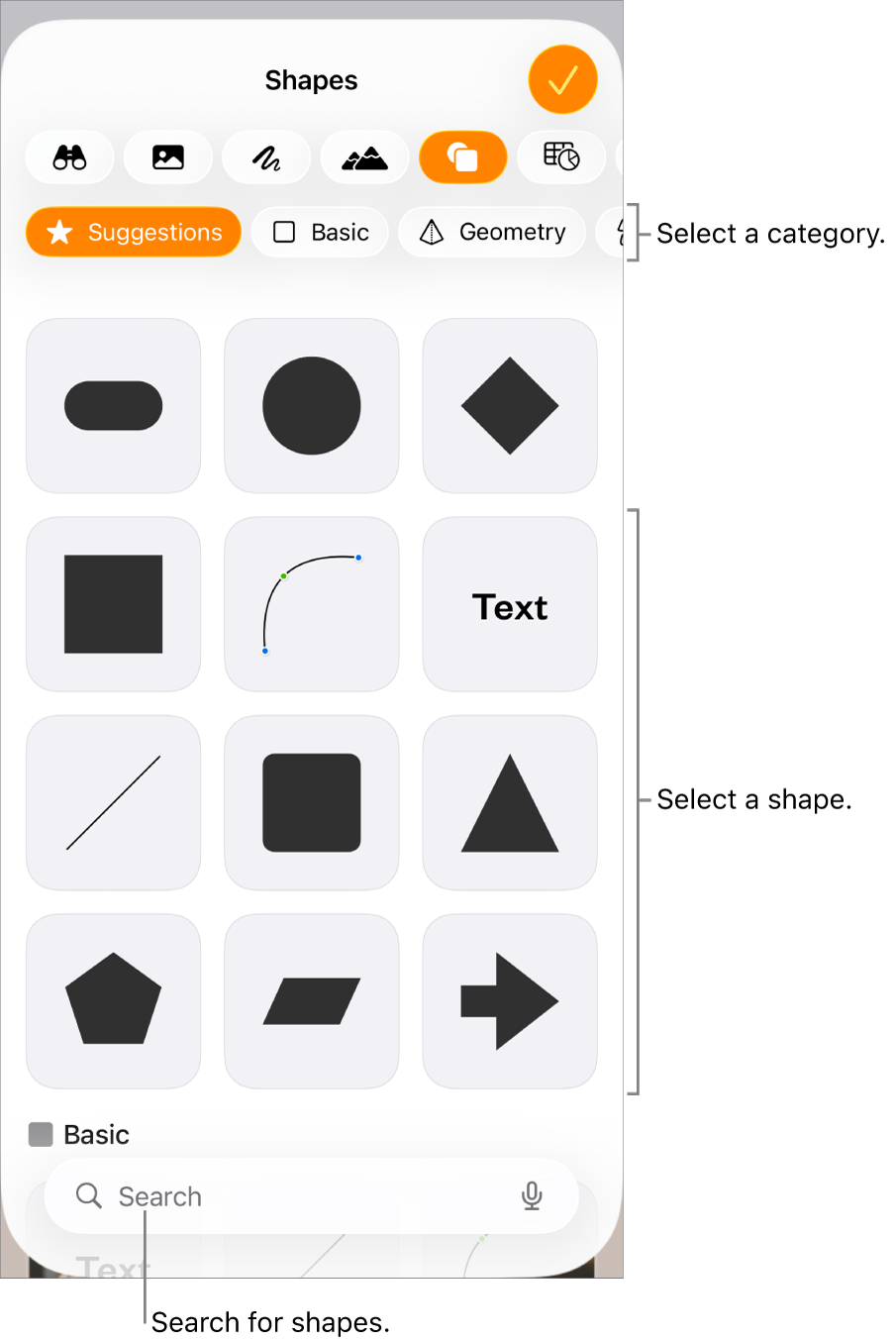 The shapes library, with categories at the top and shapes displayed below. You can use the search button at the top to find shapes and swipe to see more.