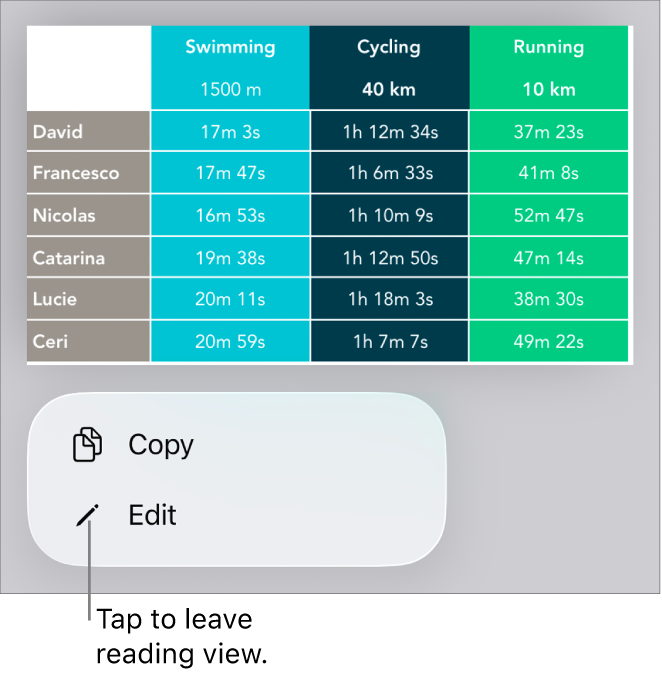 A table is selected, and below it is a menu with Copy and Edit buttons.