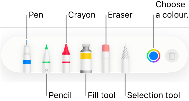 The drawing toolbar in Pages on iPhone with a pen, pencil, crayon, fill tool, eraser, selection tool, and colour well showing the current colour.