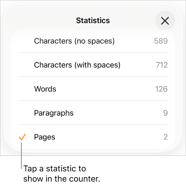 The Statistics menu showing options to show the number of characters with and without spaces, words count, paragraph count and page count.