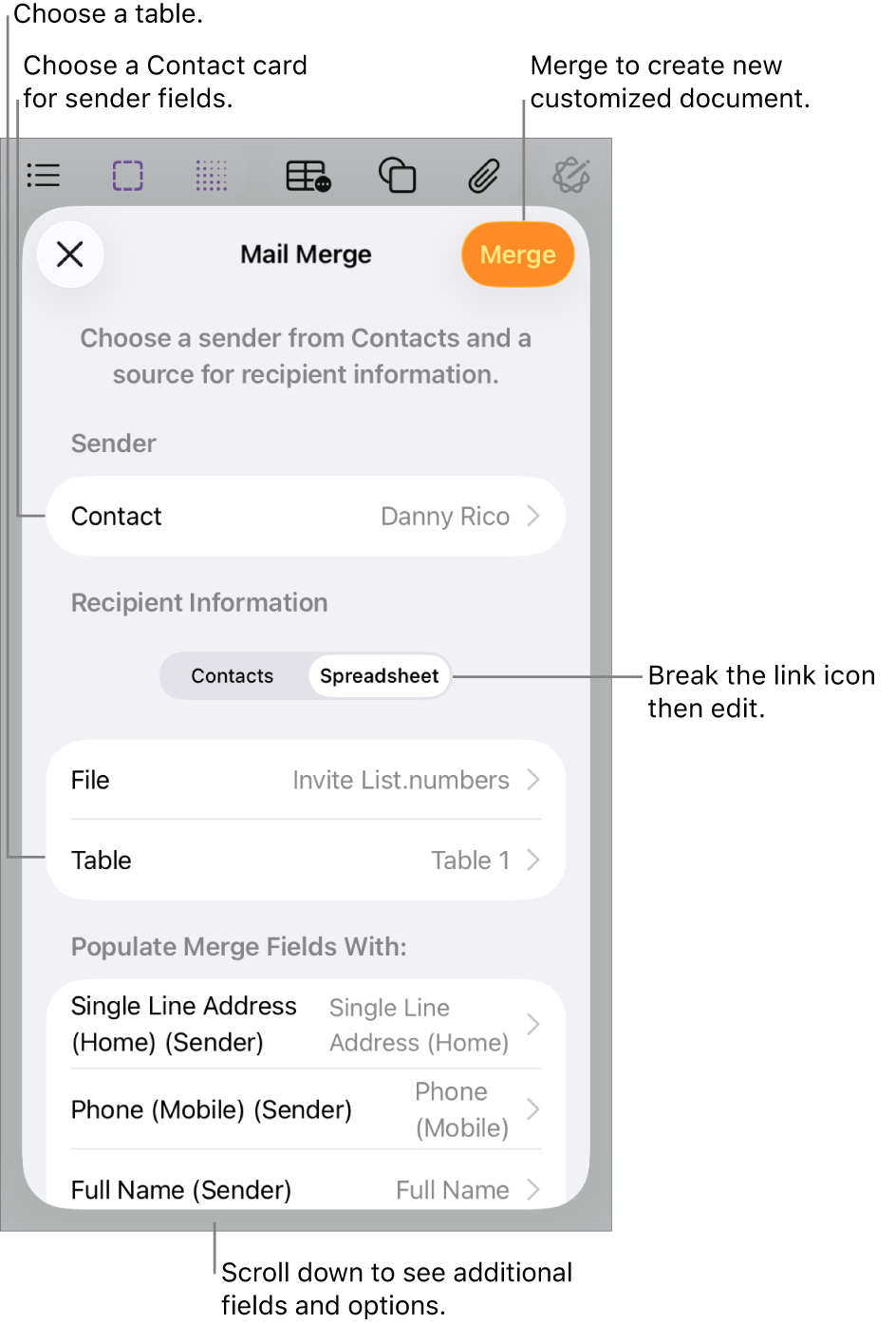 Mail Merge pane open, with options to choose sender information, change the source file or table, preview the merge field names or individual records, or merge the document.