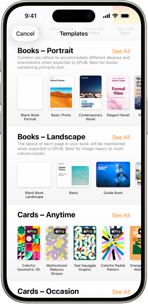 The template chooser with book templates in portrait orientation at the top and landscape orientation below.