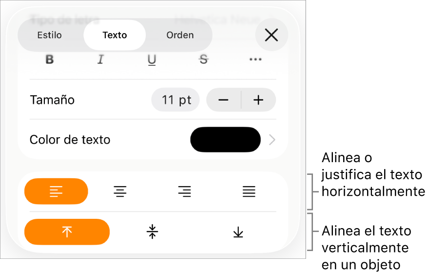 El panel Alineación con mensajes en los botones de alineación de texto y espaciado.
