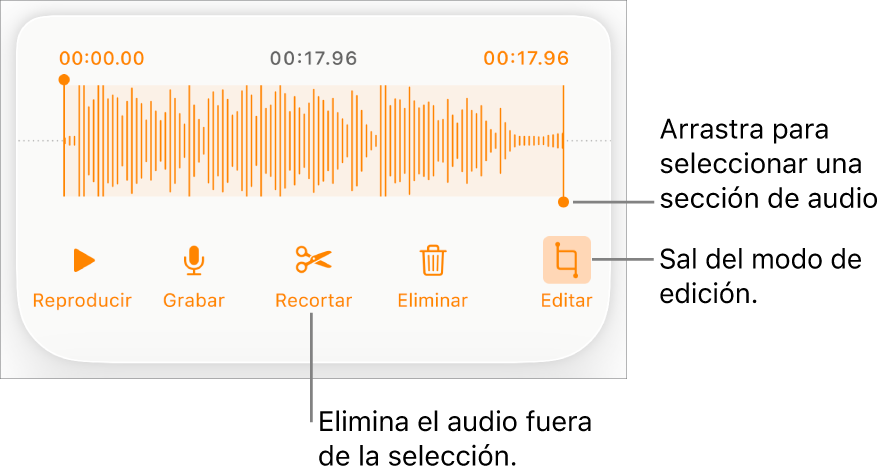 Controles para editar grabaciones de audio. Las manijas indican la sección seleccionada de la grabación. Los botones Previsualizar, Grabar, Recortar, Eliminar y Salir del modo de edición se encuentran abajo.