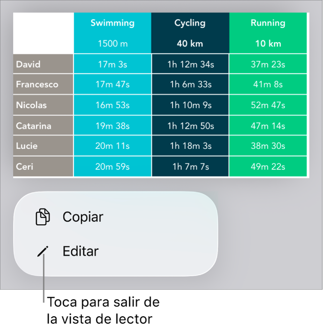 Se selecciona una tabla y abajo hay un menú con los botones Copiar y Editar.
