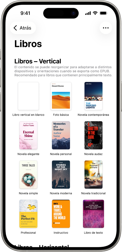 El selector de plantillas con plantillas de libros con orientación vertical en la parte superior, y horizontal en la parte inferior.