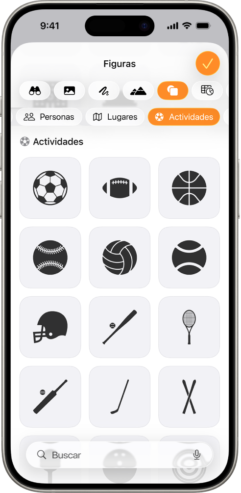 El menú Insertar con botones en la parte superior para agregar tablas, gráficas, figuras y contenido multimedia. Se selecciona Formas y su menú muestra una fila de categorías con el botón Buscar en la izquierda. Se selecciona la categoría Actividades y abajo aparecen figuras.