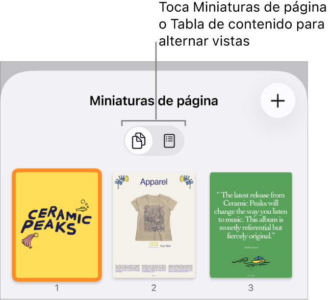 Visualización de miniaturas de página con imágenes en miniatura de cada página. Los botones Miniaturas de página y Tabla de contenido están en la parte inferior de la pantalla.