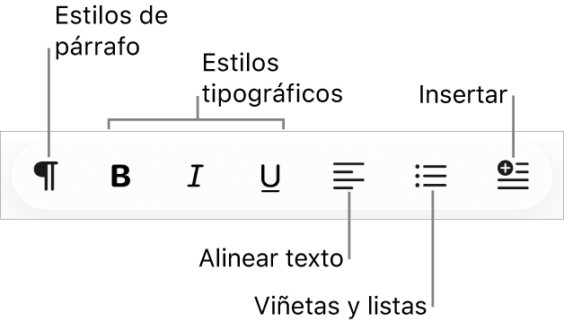 La barra de formato rápido, que muestra iconos para estilos de párrafo, estilos tipográficos, alineación de texto, viñetas y listas, e inserción de elementos.