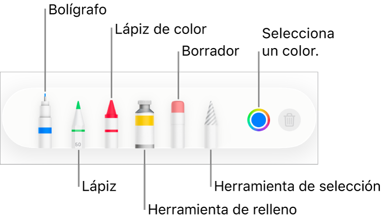 La barra de herramientas de dibujo en la app Pages del iPhone, con un bolígrafo, lápiz, lápiz de color, relleno, borrador, herramienta de selección y paleta de colores, que muestra el color actual.